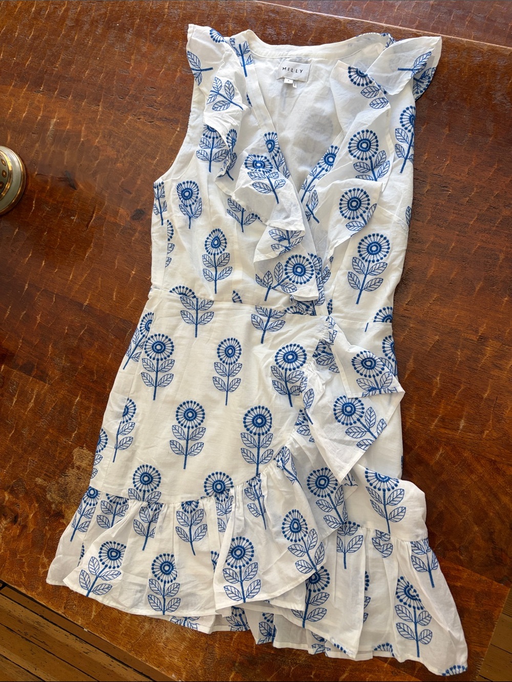 Milly White Dress with Blue Floral Print and Ruffle Trim - Picture 2 of 4